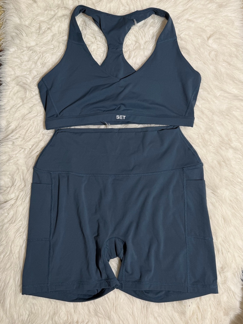 NEW Set Active XL Matching Set Workout Shorts With Pockets Sports Bra Blue Yoga